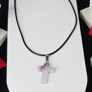 Lavender Agate Cross Necklace Natural White Purple Veined Stone Pendant Wax Cord